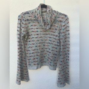 cowl neck sweater with bell long sleeves- light grey with multi color stripe